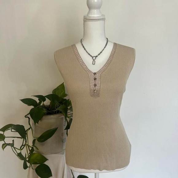Tops - Vintage Y2K Silk Blend Minimalist Cream Tan Ribbed Knit Tank Top with Crochet